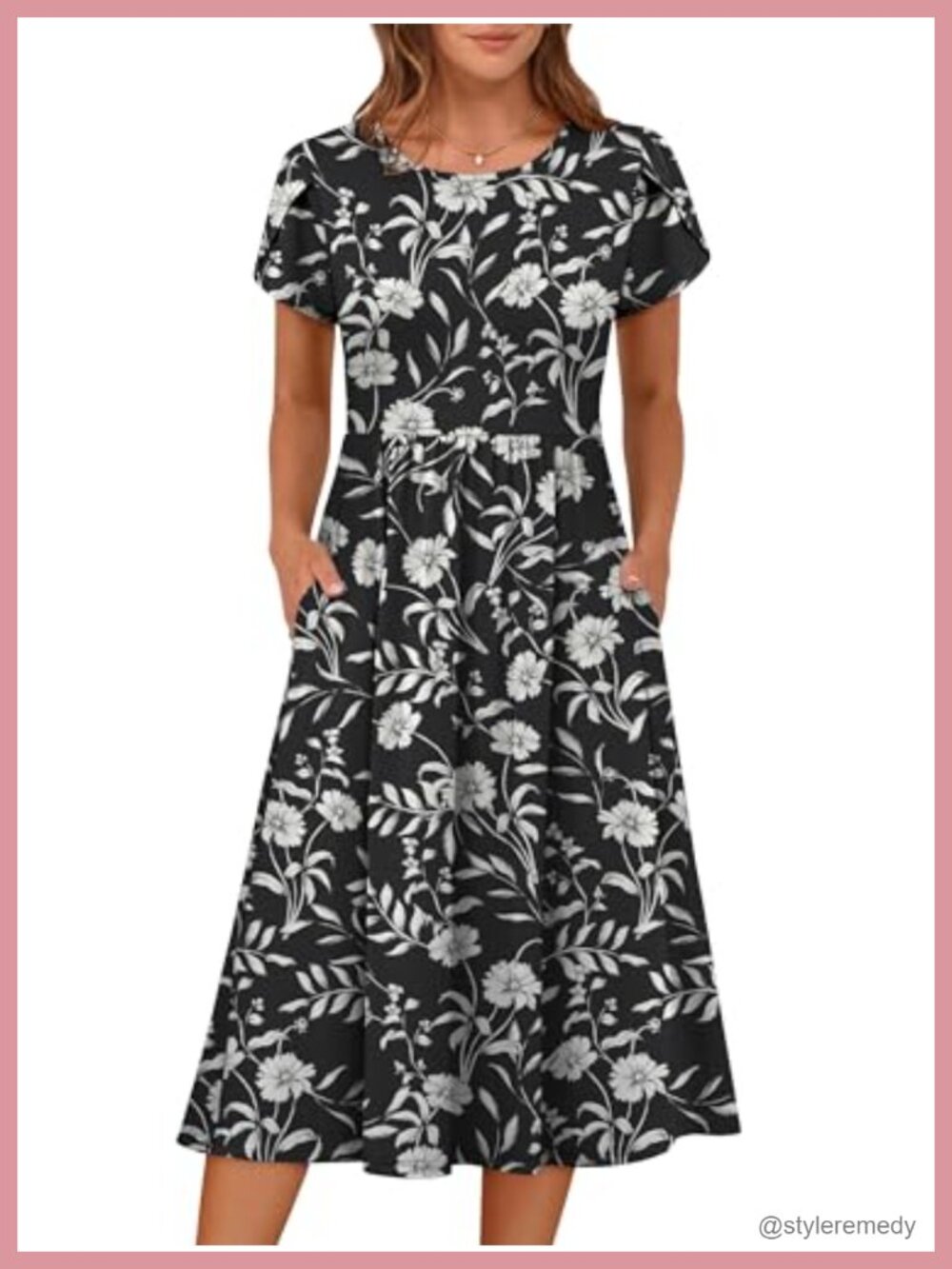 Women's Petal Short Sleeve Midi Dress with Pockets